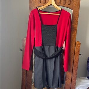 Red and Black Colorblock Women's Dress with Long Sleeves & Pockets